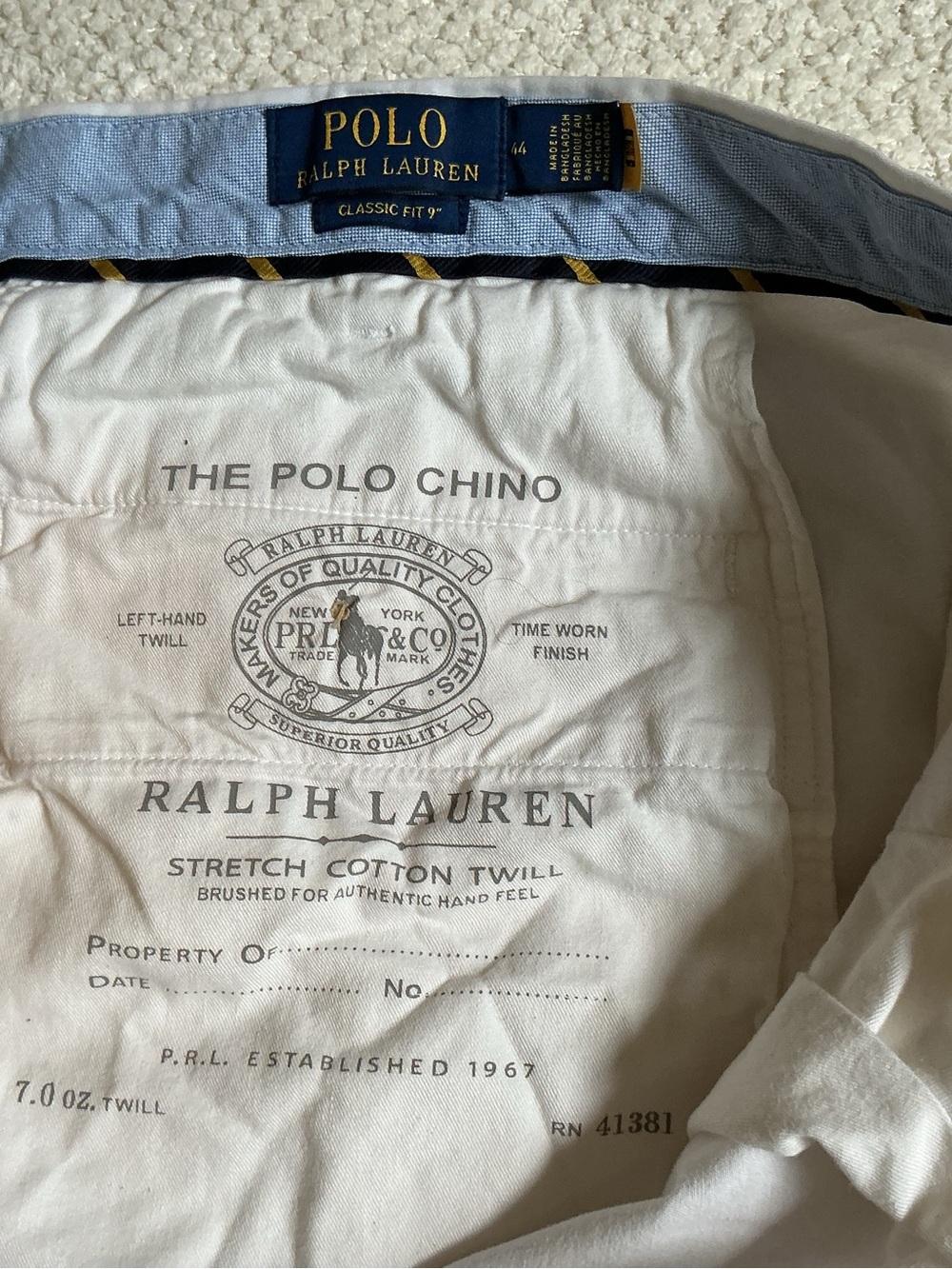 Ralph Lauren Polo White Cotton Flat-Front Shorts with Light Blue Waistband Trim